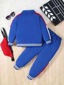 男小童字母貼布條紋飾邊夾克和運動褲&包 - 藍色 - 查看 2