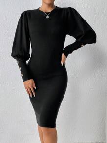 SHEIN Clasi Nút Quay lại Tay áo Tách đùi Đầm Áo len - Màu xanh hải quân - Xem 1