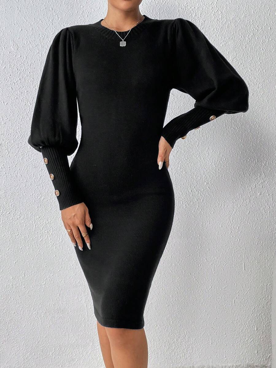 SHEIN Clasi Nút Quay lại Tay áo Tách đùi Đầm Áo len - Màu xanh hải quân - Xem 1