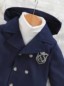 SHEIN Baby Boy 1pc Letter Patched Double Breasted Hooded Trench Coat - Navy Blue - View 7