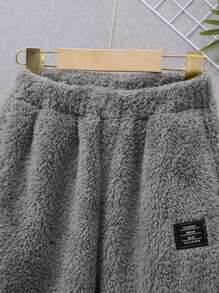 SHEIN Tween Boy Letter Patched 3D Ear Design Flannel Hoodie & Pants - Grey - View 7