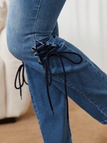 SHEIN Privé Lace Up Side Flare Leg Jeans - Medium Wash - View 6
