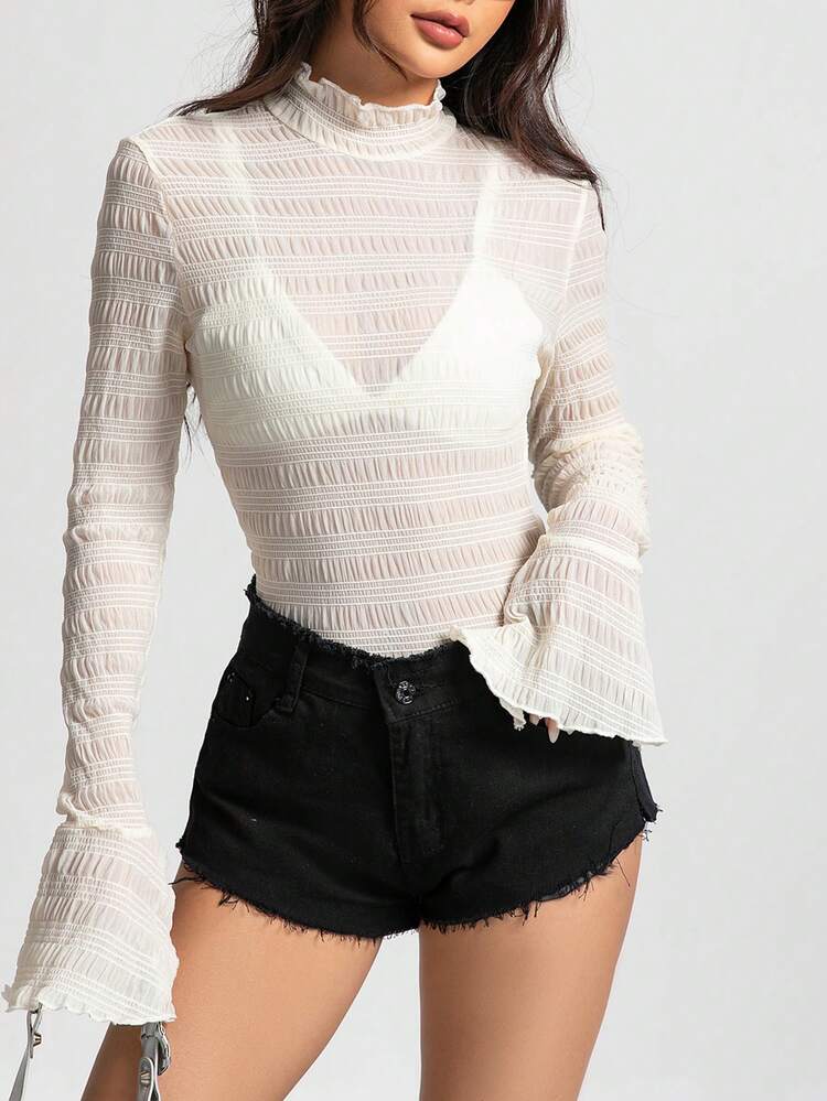 Mock Neck Flounce Sleeve Tee Without Bra Fall Cloth For Women