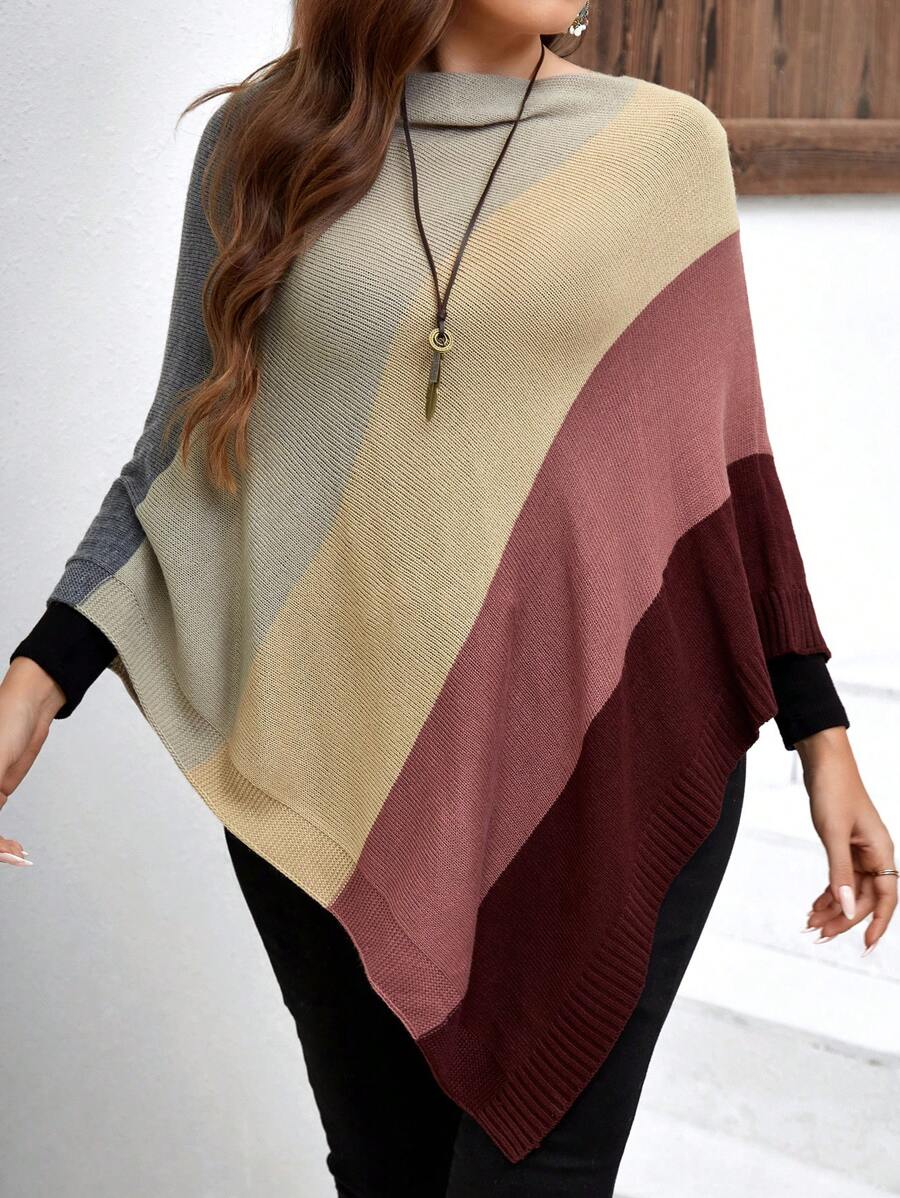 EMERY ROSE 加大色块蝙蝠袖不对称下摆斗篷毛衣，适合冬季 - 彩色 - 查看 1