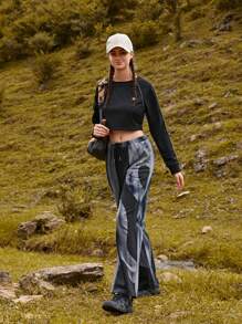 In My Nature Colorblock Graphic Print Drawstring Waist Outdoor Sweatpants - Grey - View 4