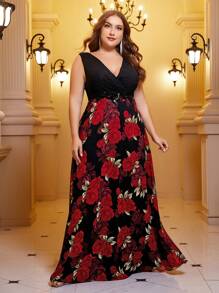 SHEIN Belle Plus Floral Print Surplice Neck Formal Dress - Multicolor - View 3