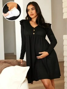 SHEIN 孕婦前紐扣荷葉邊娃娃裙 - 黑色 - 查看 5