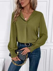 SHEIN Clasi Chất rắn Tay áo Đèn lồng Cổ v Áo sơ mi - màu xanh lá - Xem 1