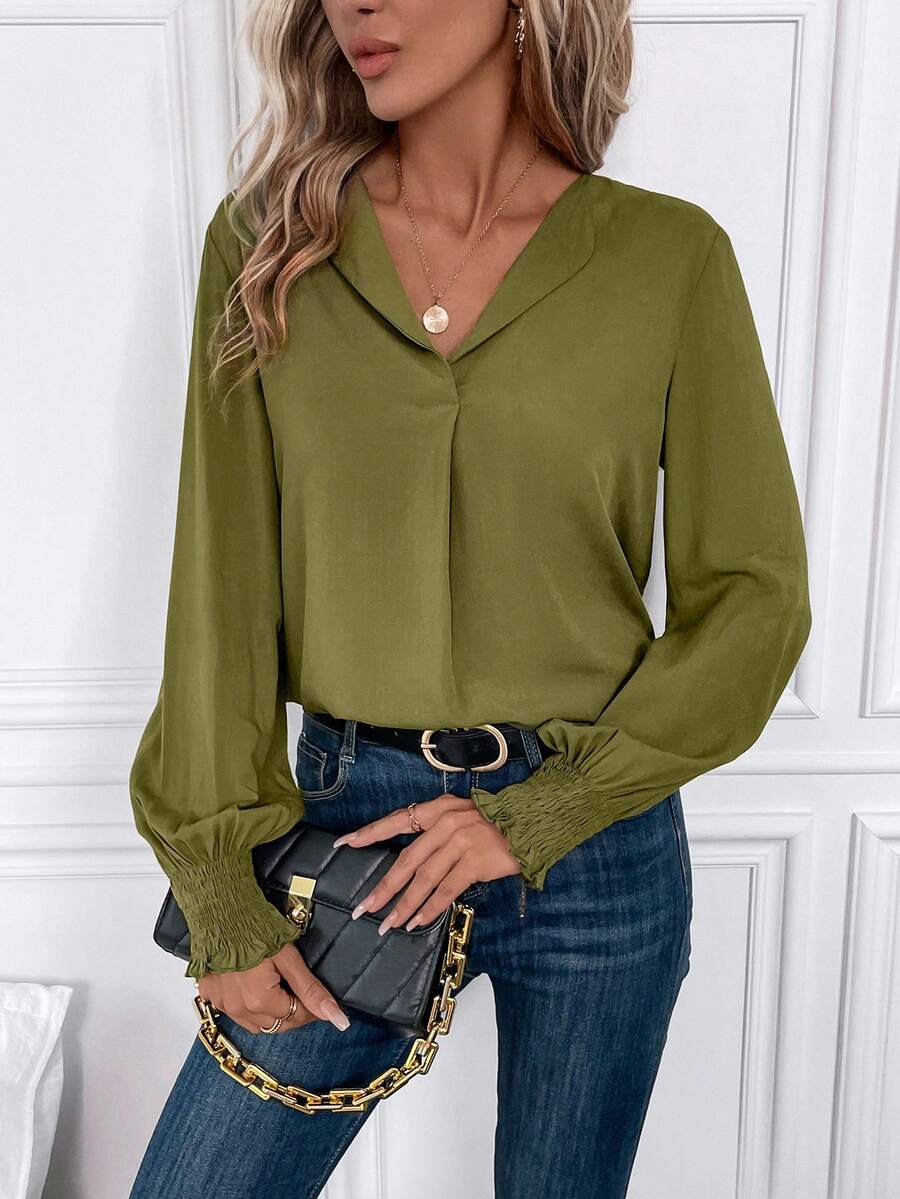 SHEIN Clasi Chất rắn Tay áo Đèn lồng Cổ v Áo sơ mi - màu xanh lá - Xem 1