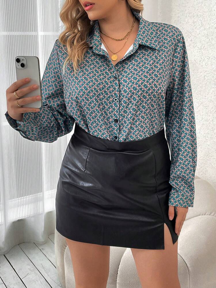 Plus Allover Print Button Front Shirt