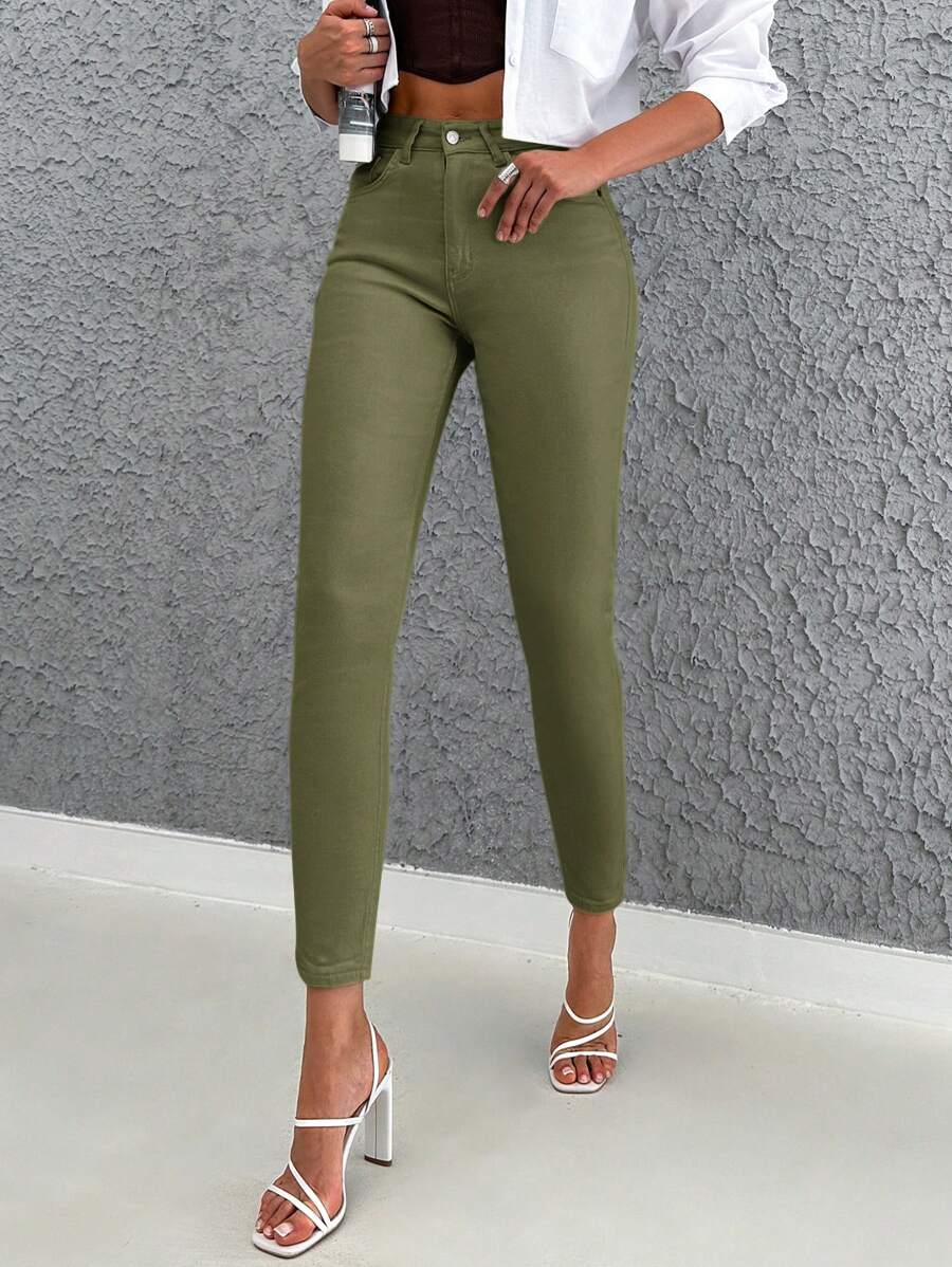 RueChic Solid Cropped Skinny Jeans - Khaki - View 1
