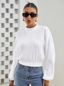 SHEIN Essnce 小高領落肩袖短款運動衫 - 白色 - 查看 5