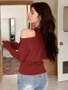 DAZY Chất rắn Đan Xương sườn Áo & Shrug Top - Đỏ - Xem 2