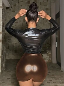 SHEIN SXY 褶邊PU皮革騎行褲 - 咖啡棕 - 查看 2