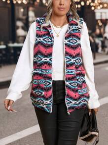 EMERY ROSE Plus Geo Print Zip Up Vest Padded Padded Coat Clothes Winter - Multicolor - View 6