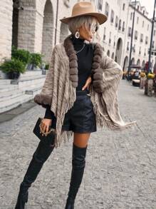 EMERY ROSE Fuzzy Trim Fringe Hem Space Dye Batwing Sleeve Cardigan,Long Sleeve Tops - Khaki - View 4