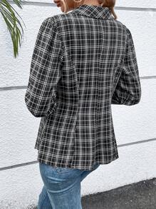 SHEIN LUNE Plaid Print Waterfall Collar Open Front Coat - Black - View 4