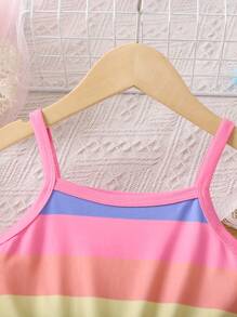 SHEIN Young Girl Rainbow Striped Casual Simple Comfortable Cami Romper With Spaghetti Strap For Summer