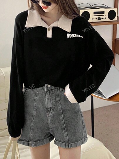Letter Graphic Contrast Collar Drop Shoulder Polo Neck Tee