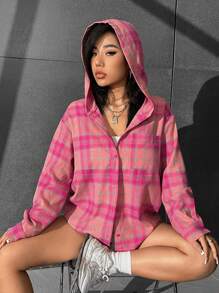 SHEIN EZwear Áo sơ mi trùm đầu in họa tiết kẻ caro thả vai, áo dài tay - Hồng - Xem 5