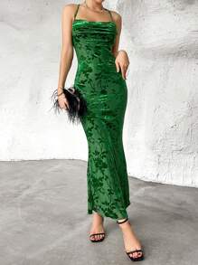SHEIN Privé Hoa Dệt hoa Crisscross Backless Xù Nàng tiên cá Hem Váy Dây - màu xanh lá - Xem 1