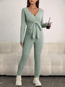 SHEIN Maternity Surplice Neck Belted Jumpsuit - Green - View 4
