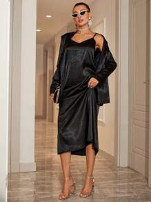 EURMUSE Solid Color Double Breasted Blazer And Dress Set - Black - View 3