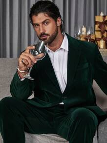 Manfinity 男士大码單釦絲絨西裝外套和褲子 - 綠色 - 查看 6