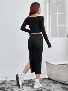 SHEIN PETITE Square Neck Crop Tee & Split Thigh Skirt - Black - View 2