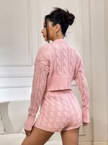 SHEIN Unity Cable Knit Drop Shoulder Cardigan & Knit Shorts - Pink - View 3