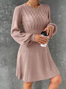 SHEIN LUNE Cable Knit Lantern Sleeve A Line Dress - Pink - View 6