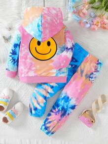 SHEIN Young Girl Tie Dye Expression Print Hoodie & Sweatpants - Multicolor - View 1