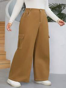 SHEIN EZwear Plus Flap Pocket Side Cargo Pants - Brown - View 1