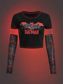 Batman X ROMWE Letter & Cartoon Graphic Contrast Stitch Crop Tee With Arm Sleeve - Multicolor - View 7