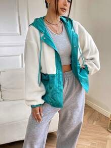 SHEIN Unity Cazadora teddy de dos tonos de hombros caídos con cordón con capucha - Albaricoque - Ver 5
