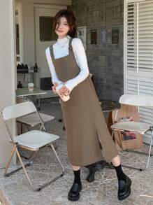 DAZY 纯色开衩下摆连体衣 开衩下摆连体衣 连体连衣裙（不含 T 恤） 秋冬 - 卡其色 - 查看 1