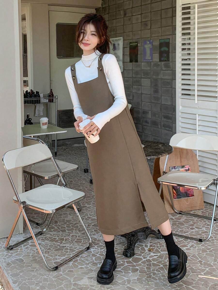 DAZY 纯色开衩下摆连体衣 开衩下摆连体衣 连体连衣裙（不含 T 恤） 秋冬 - 卡其色 - 查看 1