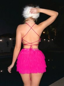 SHEIN ICON 鐳射手帕下擺露背吊帶上衣&多層半身裙 - 粉色 - 查看 2