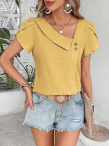 Breezaya 素色花瓣袖紐扣細節不對稱領襯衫