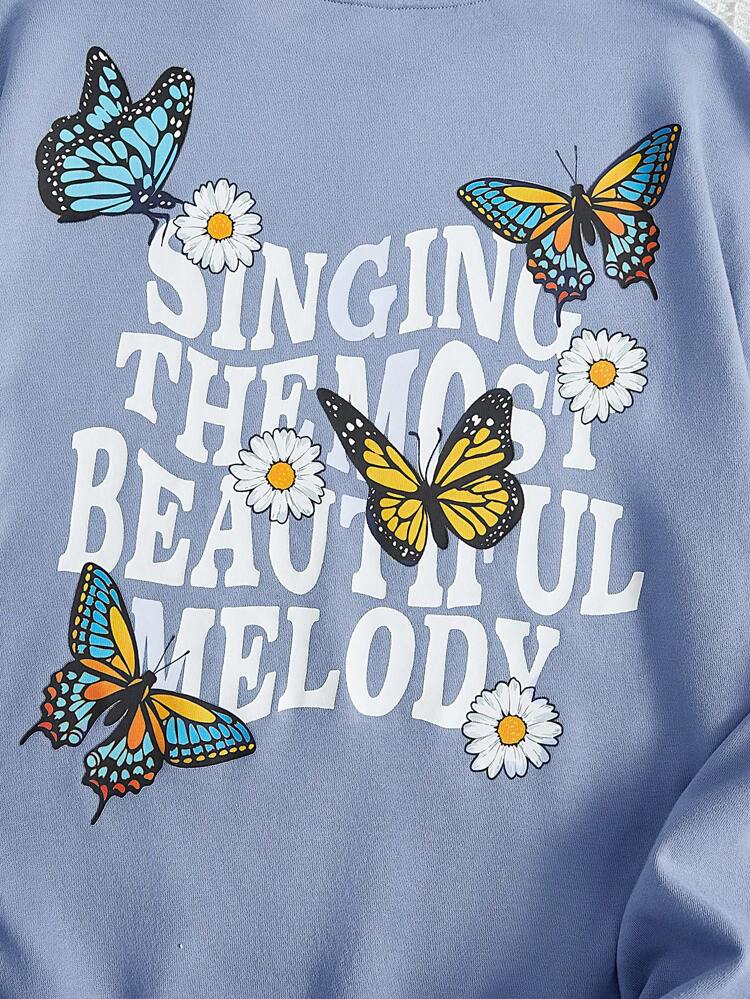 Teen Girl Slogan & Butterfly Print Drop Shoulder Sweatshirt