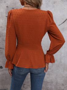 SHEIN Clasi 圓點蕾絲邊荷葉袖褶邊襯衫 - 棕色 - 查看 2