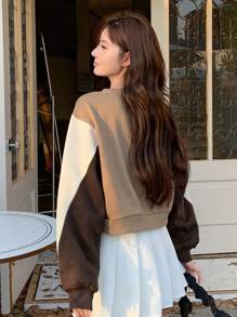 DAZY Letter Patched Colorblock Drop Shoulder Sweatshirt,Long Sleeve Tops,Fall Clothes