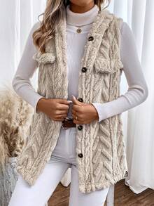 SHEIN LUNE 1pc Flap Detail Button Front Teddy Hooded Vest Coat - Beige - View 6