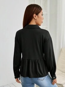 SHEIN PETITE 翻蓋口袋落肩荷葉邊下擺外套，適合嬌小女性 - 黑色 - 查看 2
