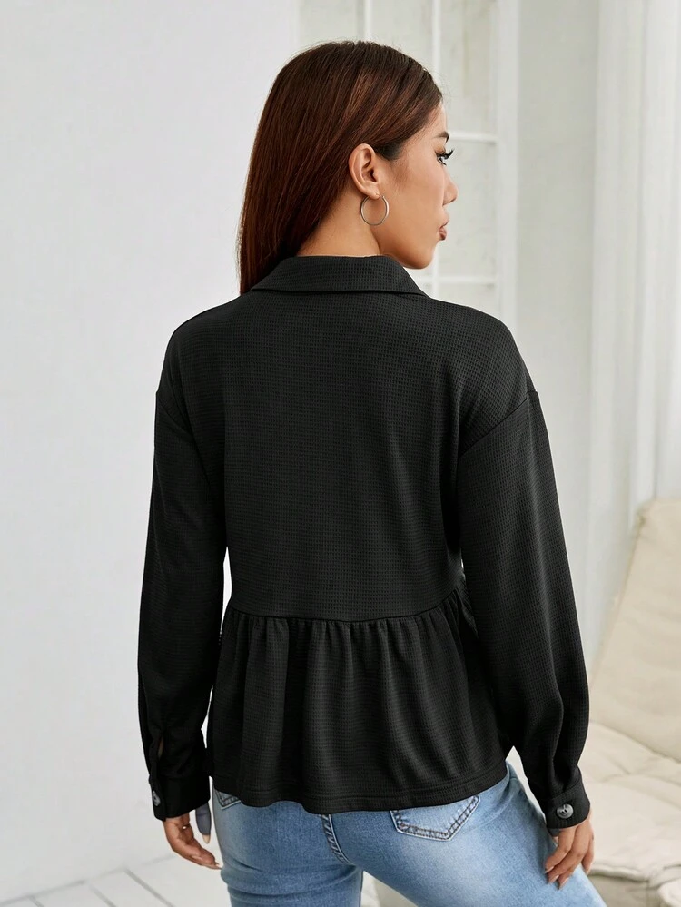 Flap Pocket Drop Shoulder Peplum Hem Coat