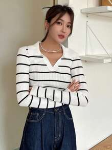DAZY 条纹罗纹针织毛衣、长袖上衣、秋装 - 黑與白 - 查看 2