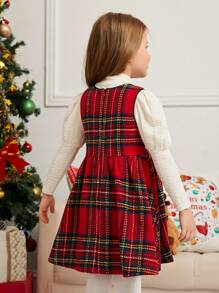 SHEIN 2pcs/Set Young Girl Solid Knit Stand Collar Gigot Sleeve Top And Plaid Cami Dress With Headband, Mommy And Me Matching Outfits