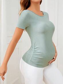 Maternity Ruched Side Solid Tee - Army Green - View 3