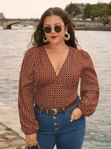 SHEIN Frenchy Plus Allover Print Lantern Sleeve Blouse - Brown - View 4