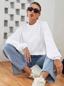 SHEIN Essnce 小高領落肩袖短款運動衫 - 白色 - 查看 6